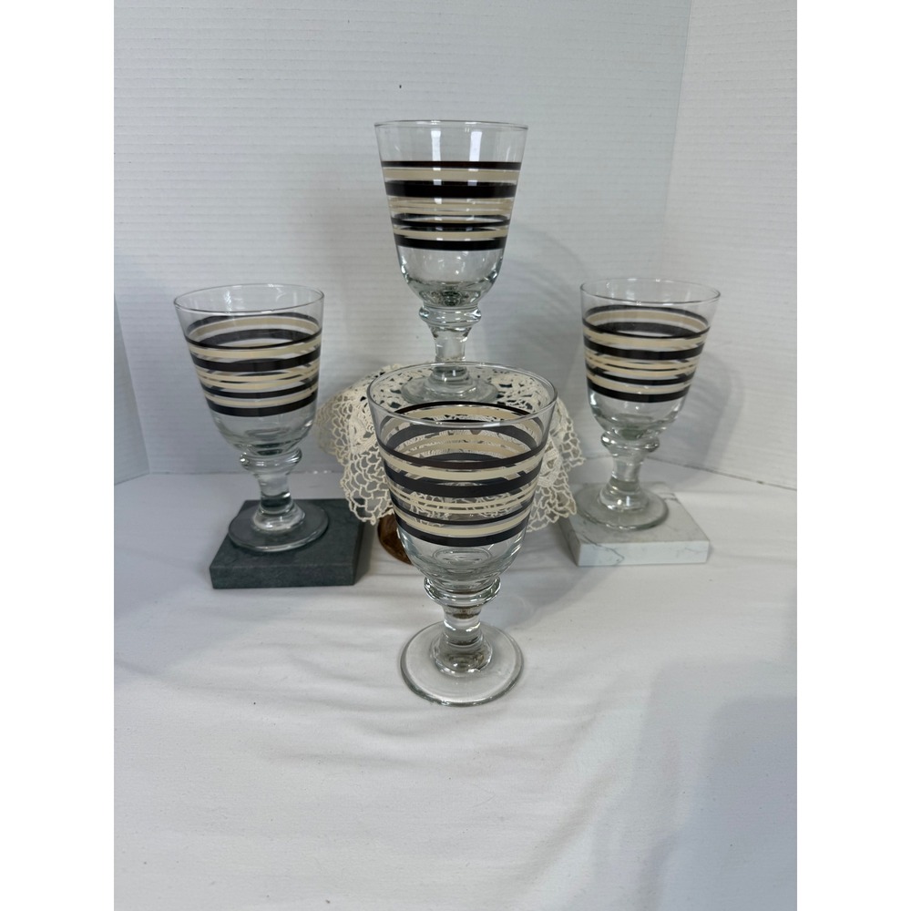 Vintage Striped Stemmed Water Goblets Brown Cream Banded Glass Set of 4